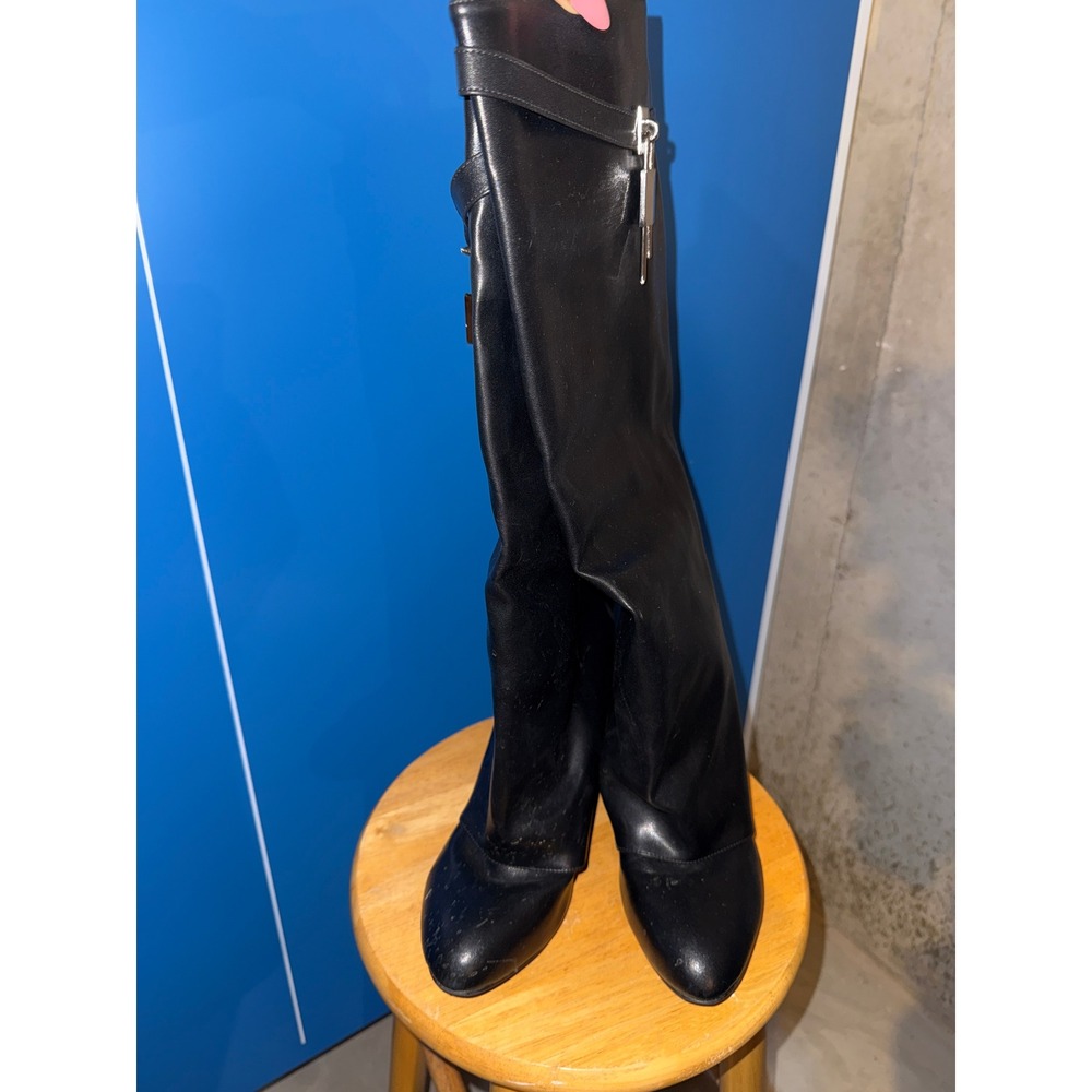 Black Gaiter Wedge Knee High Boots with Lock Detail Size 44